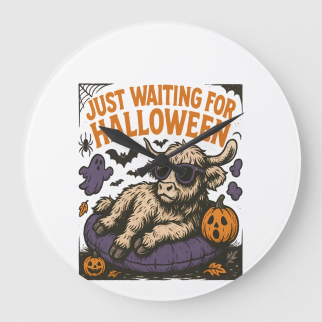 Waiting For Halloween Highland Cow Large Clock (Front)