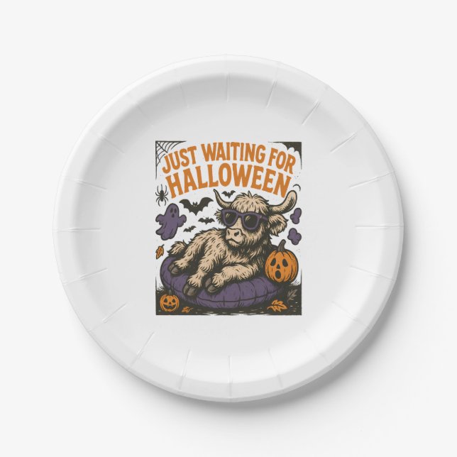 Waiting For Halloween Highland Cow Paper Plate (Front)