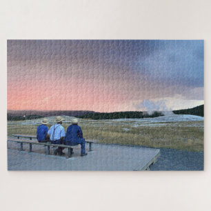 Waiting for Old Faithful Geyser at Sunset Jigsaw Puzzle