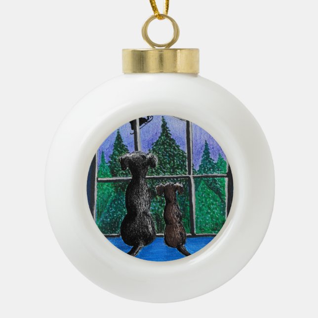waiting for santa dog  ceramic ball christmas ornament (Front)
