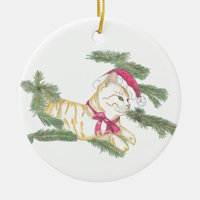 Waiting for Santa kitty Ceramic Tree Decoration (Front)