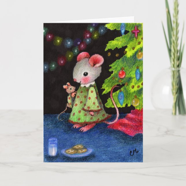 Waiting for Santa Mouse - Cute Christmas Art Holiday Card (Front)