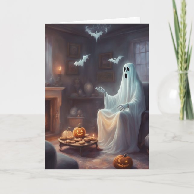 Waiting Ghost Haunted House Halloween Greeting  Card (Front)