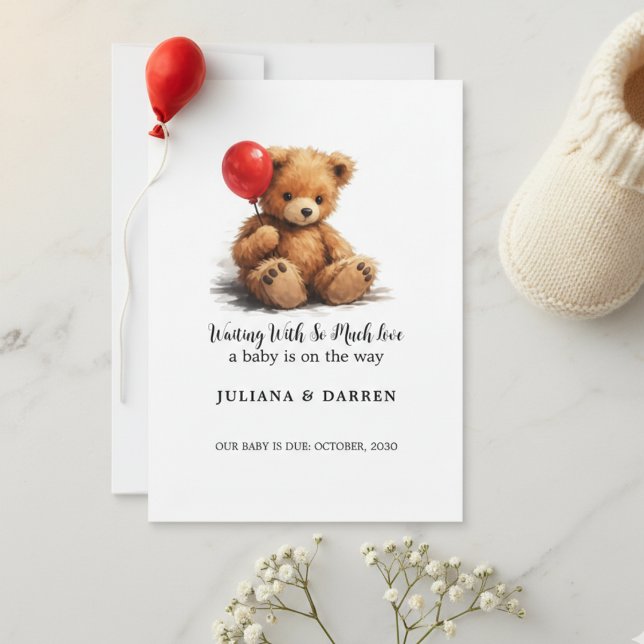 Waiting With So Much Love Teddy Bear & Red Balloon Invitation (Creator Uploaded)