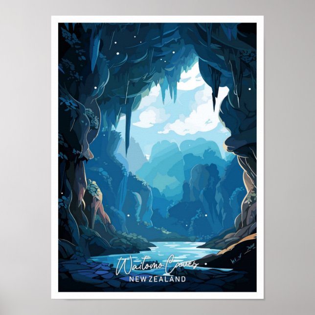 Waitomo Caves New Zealand Travel illustration Poster (Front)