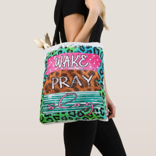 Wake Slay Pray leopard print Tote Bag