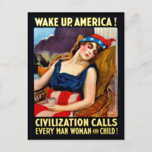 Wake up America, patriot woman sleep, vintage war Postcard