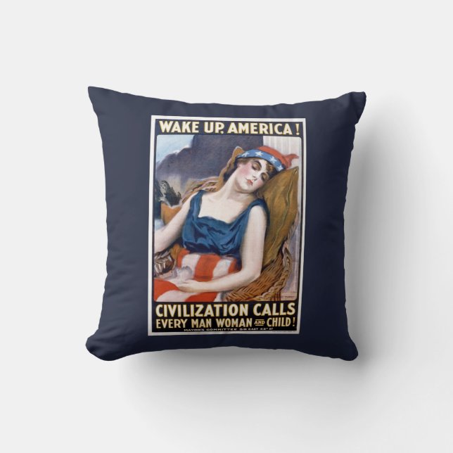 Wake Up America! Vintage Patriotic Freedom Art Cushion (Front)