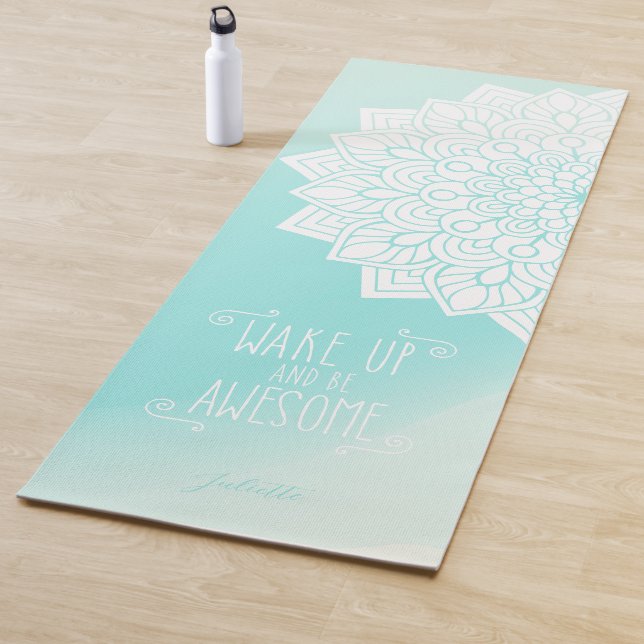 Wake Up And Be Awesome Quote | Custom Text Blue Yoga Mat (In Situ)