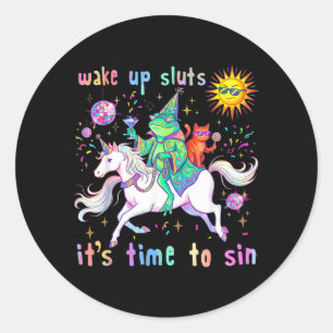 Wake Up Friends Time To Sin Funny Frog Cat Animal Classic Round Sticker