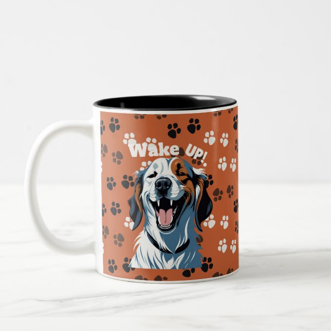 Wake up!!! Golden retriever Pop Art by CallisC  Two-Tone Coffee Mug (Left)