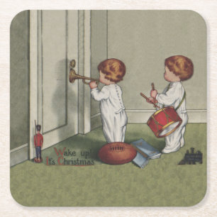 Wake Up Its Christmas cute child illustration Square Paper Coaster