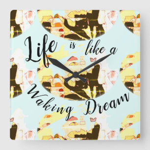 "Waking Dream" Yellow Brown Coral Abstract Design Square Wall Clock