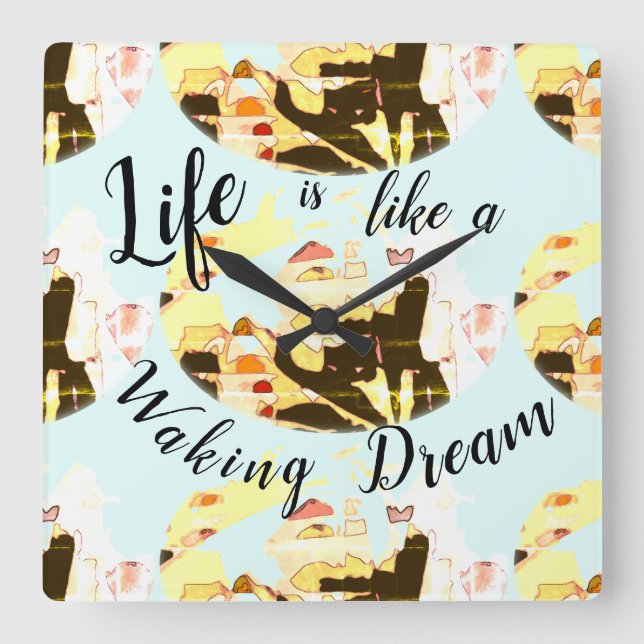 "Waking Dream" Yellow Brown Coral Abstract Design Square Wall Clock (Front)