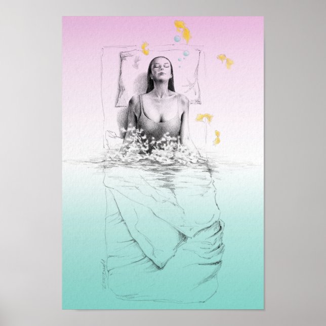 Waking up Woman Swimming Pastel colours Surreal ar Poster (Front)