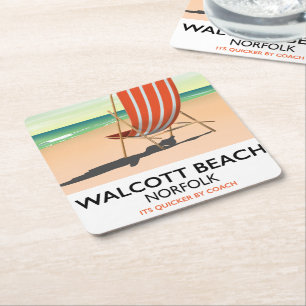 Walcott Beach, Norfolk seaside poster Square Paper Coaster