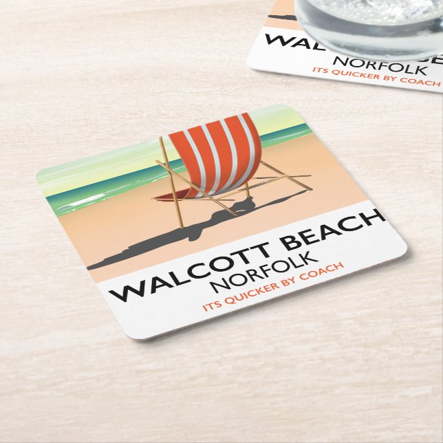 Walcott Beach, Norfolk seaside poster Square Paper Coaster (Angled)