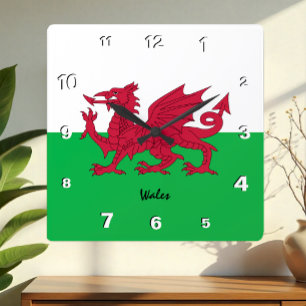 Wales Clock, patriotic home, Welsh Flag Square Wall Clock