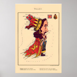Wales Comical Map Vintage Lithograph860s - Framed Poster