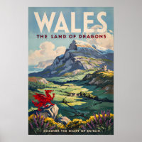 Wales Dragon Illustration Travel Art Vintage