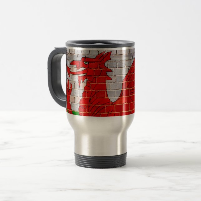 Wales flag on a brick wall travel mug (Front Left)