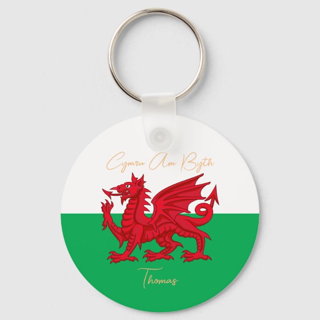 Wales For Ever Welsh Dragon Monogram Name Text Key Ring (Front)