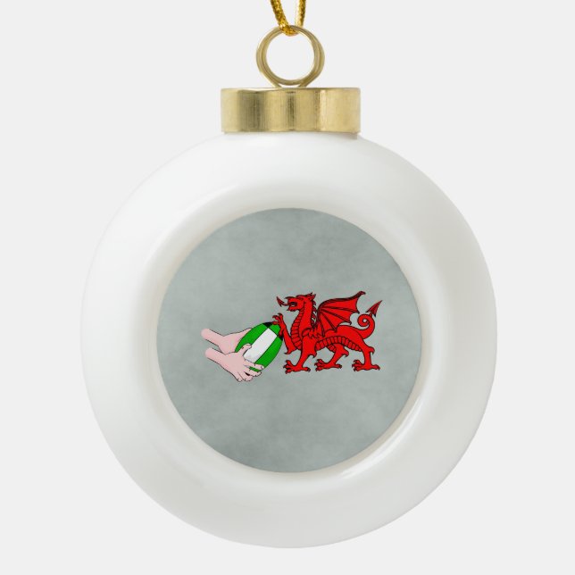 Wales Rugby Team  Dragon With Rugby Ball Ceramic Ball Christmas Ornament (Front)