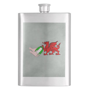 Wales Rugby Team  Dragon With Rugby Ball Hip Flask