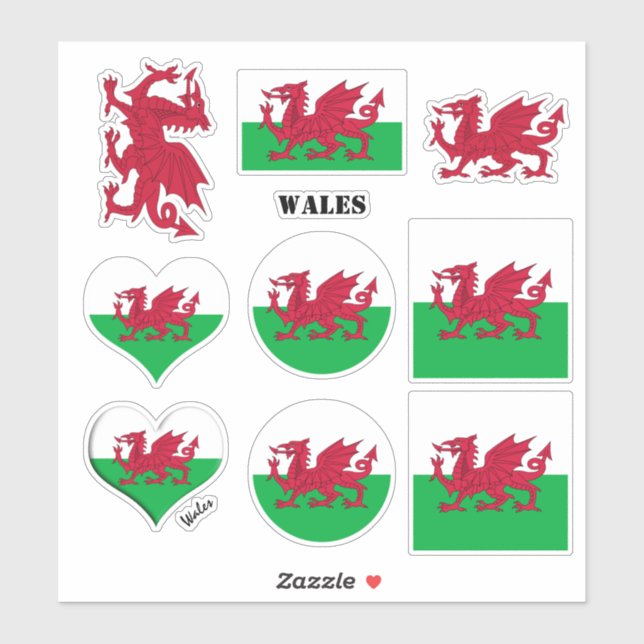 Wales stickers & Welsh Flag, Heart / sports (Sheet)