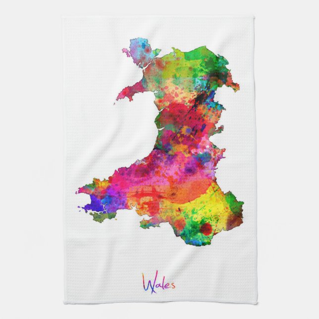 Wales Watercolor Map Tea Towel (Vertical)