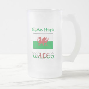 Wales Welsh Flag Personalised Green Name Frosted Glass Beer Mug