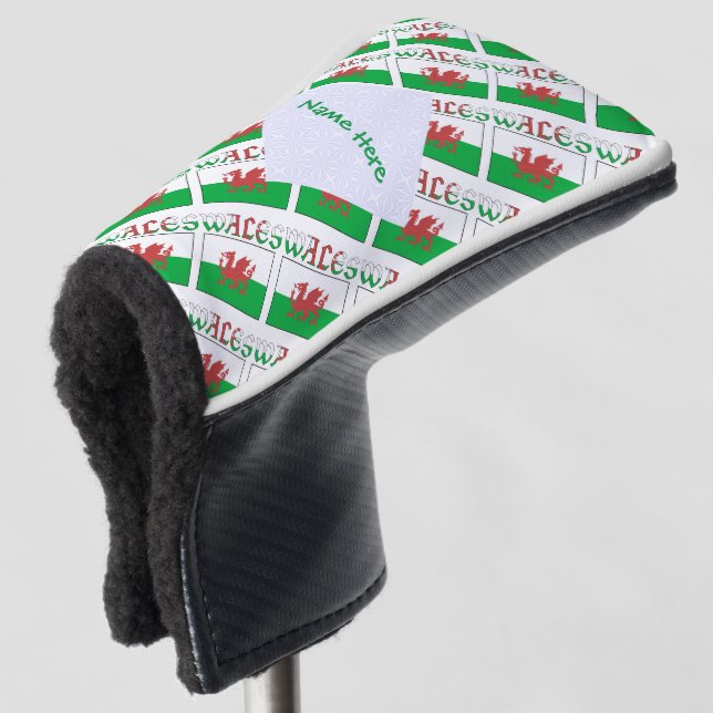 Wales Welsh Flag Tiled Green Personalised  Golf Head Cover (3/4 Front)