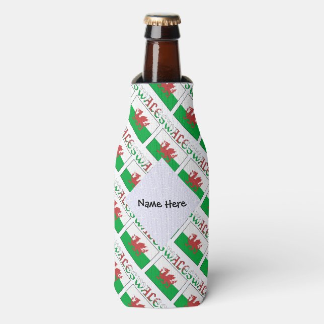 Wales Welsh Flag Tiled Personalised  Bottle Cooler (Bottle Front)