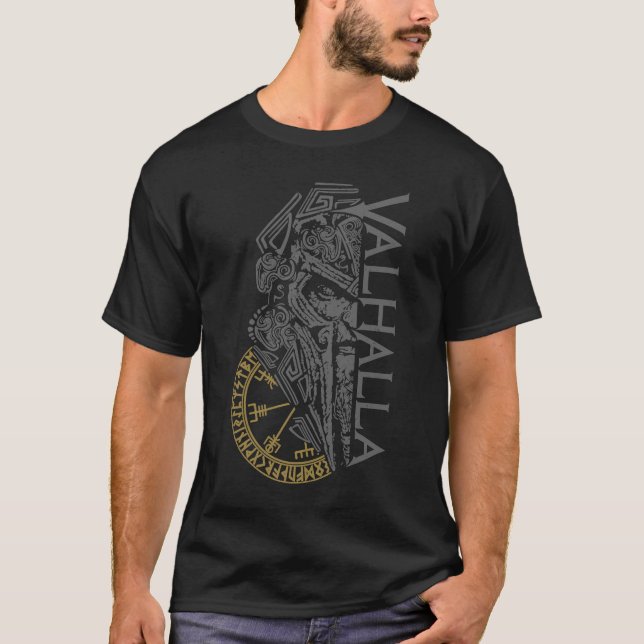 Walhalla Odin in Mask Runes Nordic Compass Viking T-Shirt (Front)