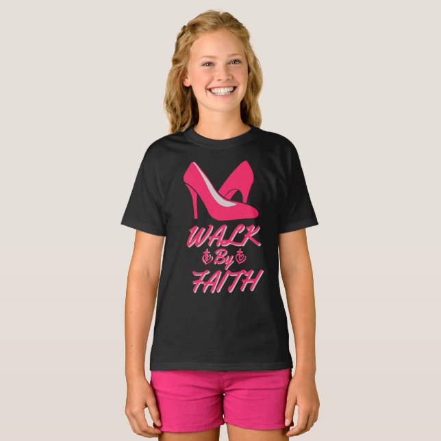 Walk By Faith Hot Pink Bible Quote Girl's T-Shirt (Front Full)