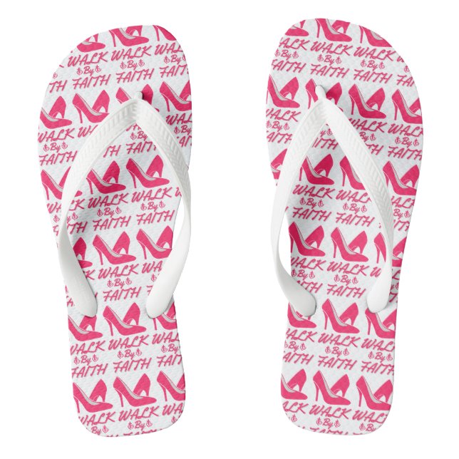 Walk By Faith Hot Pink Bible Quote White Flip Flops (Footbed)