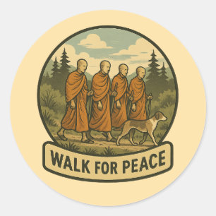Walk for Peace – Minimalist Monks and Dog Badge Classic Round Sticker