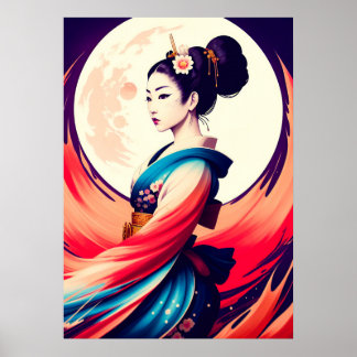 Walk In The Moonlight Japanese Geisha Poster
