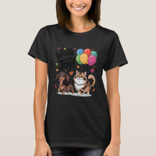 Walk with Joy Happy Dog and Cat with Balloons T-Shirt