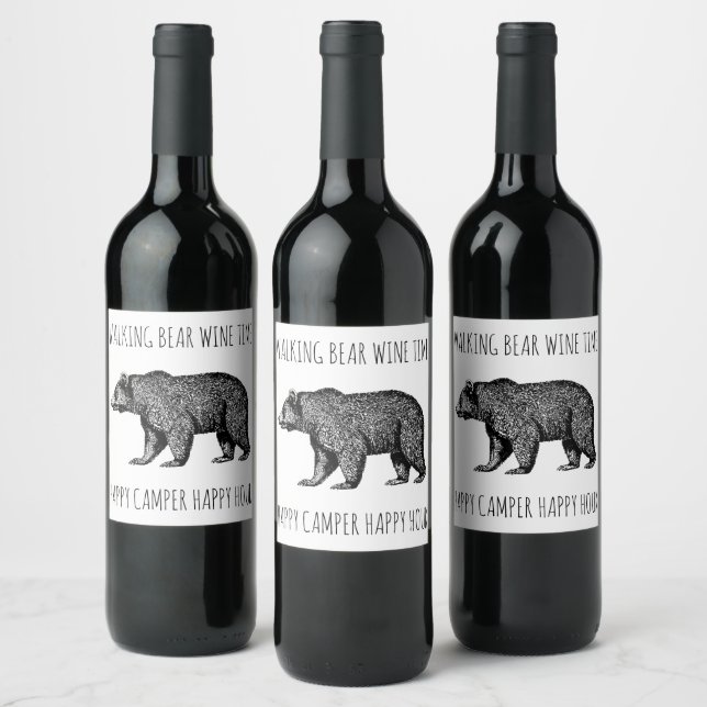 Walking Bear Wine Time Happy Camper Happy Hour Wine Label (Bottles)