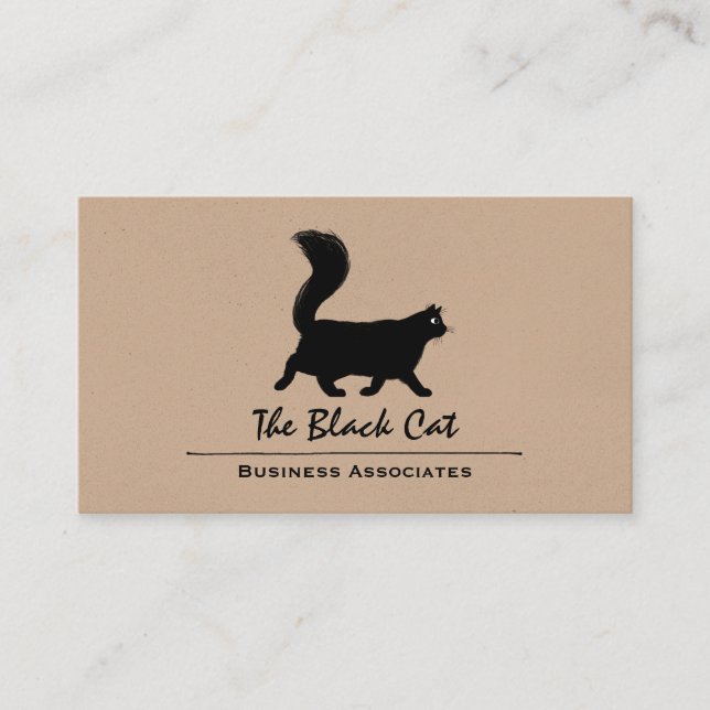 Walking Black Cat with Long Fluffy Tail Business Card (Front)