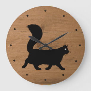 Walking Black Cat with Long Fluffy Tail Faux Wood Large Clock
