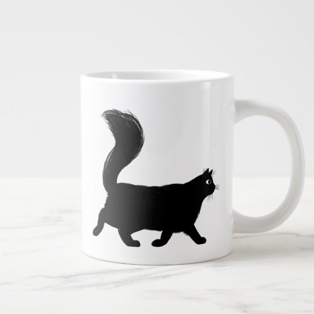 Walking Black Cat with Long Fluffy Tail Large Coffee Mug (Right)