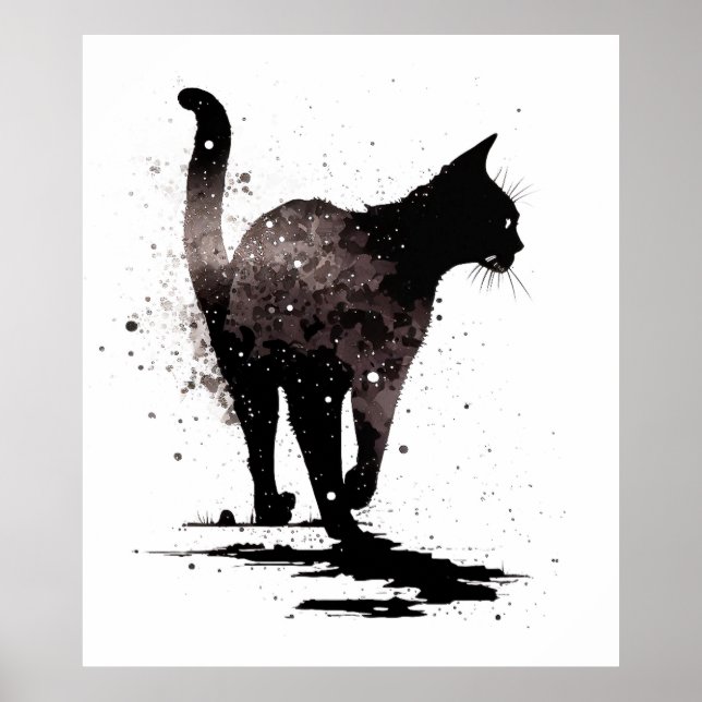 Walking Cat Silhouette Black on White Poster (Front)