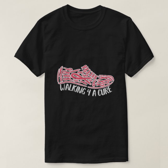 Walking For A Cute Pink Running Shoe Breast Cancer T-Shirt (Design Front)