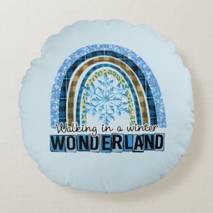 Walking in a Winter Wonderland   Blue Rainbow Round Cushion
