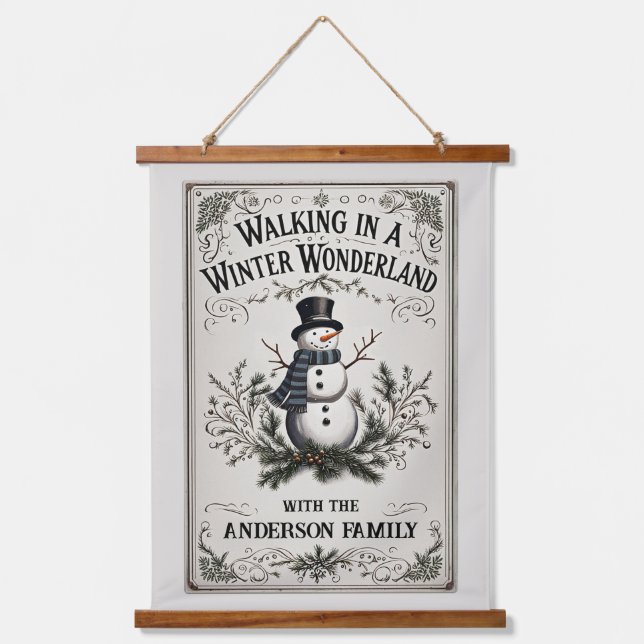 Walking in a Winter Wonderland Snowman Hanging Tapestry (Front)