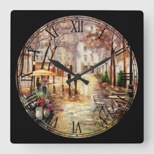 Walking in the Rain Fine Art Roman Numeral Square Wall Clock