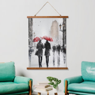 Walking in the Rain Watercolor  Hanging Tapestry