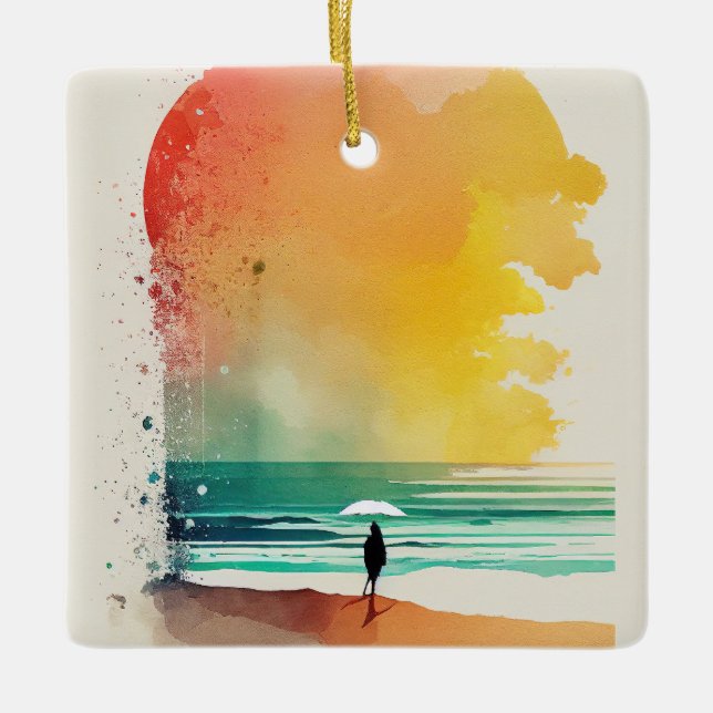 Walking into the Waves Abstract Beach Art Ceramic Ornament (Front)